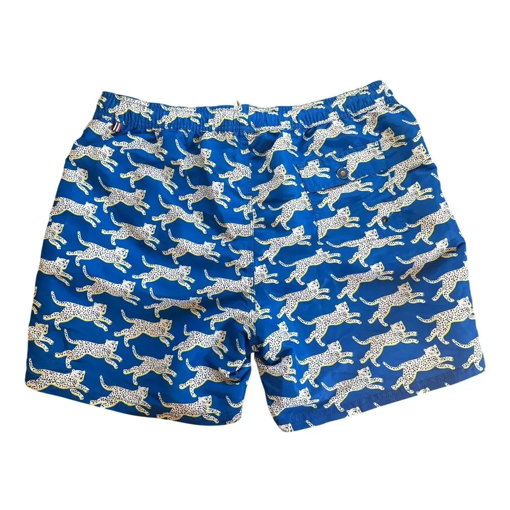 Boden Men's Cheetah Print Blue Swim Trunks Size Large